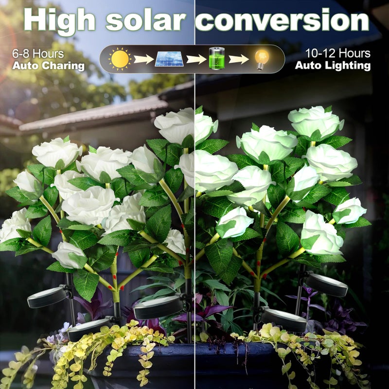 Anordsem Solar Garden Lights Outdoor: 10 Waterproof Fabric Roses Flower 2 Pack - LED White Landscape Lighting for Yard Cemetery Decorative - Christmas Gifts for Mom Homeowner Over 30 - Image 4